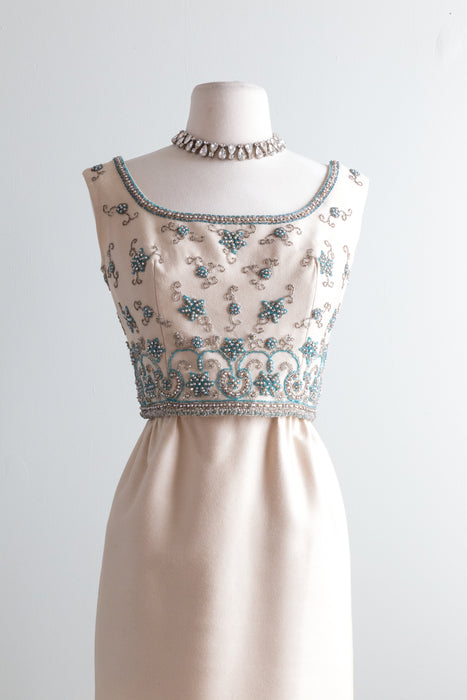 Elegant 1960's Ivory Silk Cocktail Dress With Beaded Neckline / Small