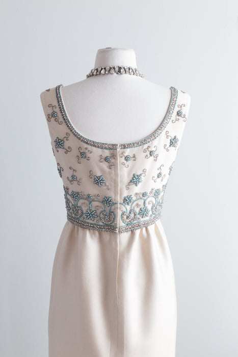 Elegant 1960's Ivory Silk Cocktail Dress With Beaded Neckline / Small
