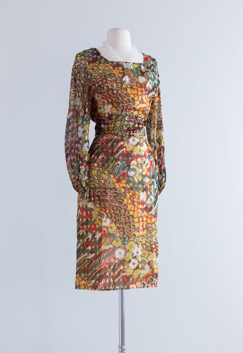 Chic 1970's Metallic Chiffon Cocktail Dress With Bishop Sleeves By Anthony Muto / Lrg.