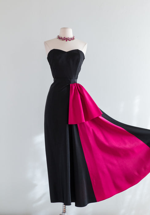 Late 1940's Black Evening Gown With Shocking Pink Accent by Eleanor Green / Waist 26"