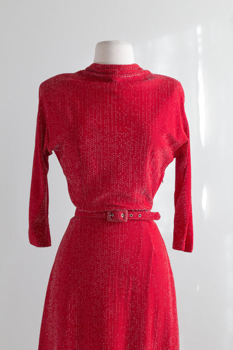 Fabulous 1940's Cherry Red Lurex Cocktail Dress / Waist 26"