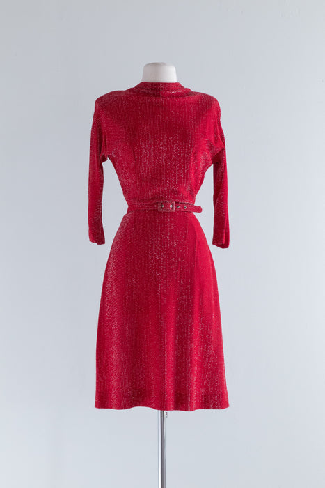Fabulous 1940's Cherry Red Lurex Cocktail Dress / Waist 26"