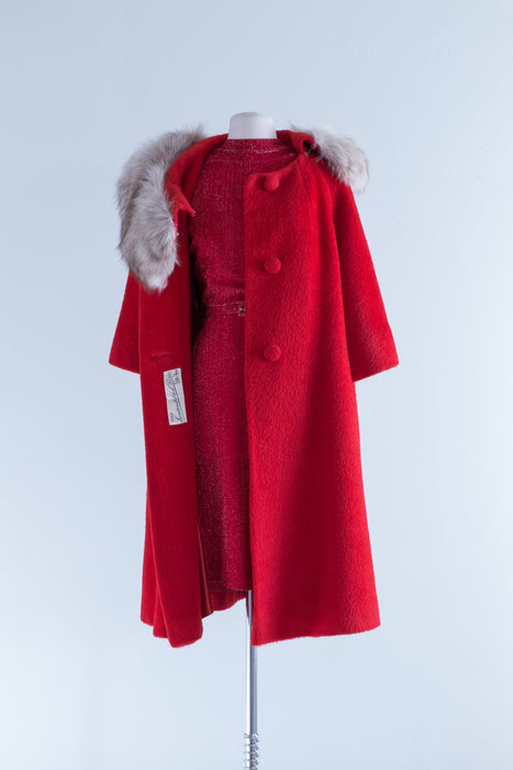 Iconic 1950's Cherry Red Lilli Ann Swing Coat with Fur Collar / OS