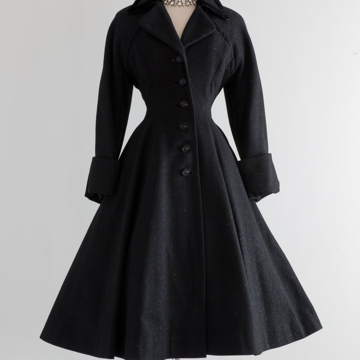 Late 1940's NEW LOOK Era Eyelash Wool Princess Coat With Red