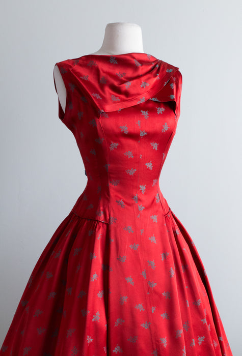1950's Crimson Red Drop Waist Party Dress With Emerald Sprigs Of Mistletoe / Waist 28