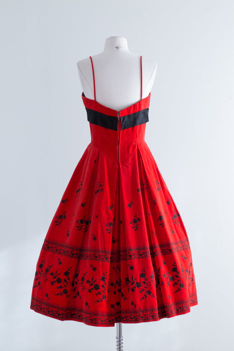 1950's Red Velveteen Party Dress With Black Embroidery By David Hart / Waist 27
