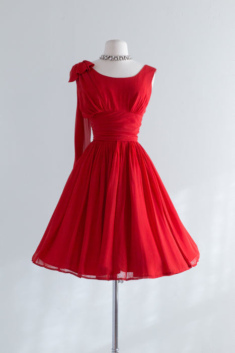 Flirty 1960's Cherry Red Party Dress With Full Skirt and Shoulder Sash / Small