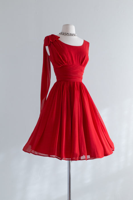 Flirty 1960's Cherry Red Party Dress With Full Skirt and Shoulder Sash / Small