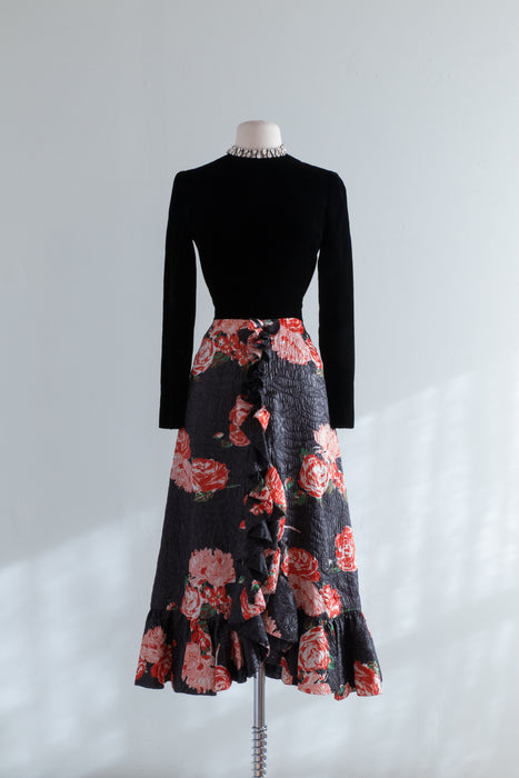 Vintage Jean-Louis Scherrer Black Velvet & Rose Silk Lame' Evening Dress / SM
