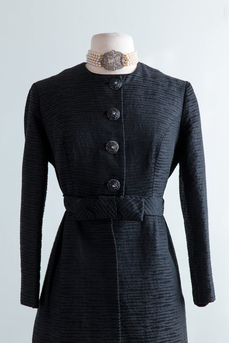 1960's Black Brocade Cocktail Dress & Matching Coat / Waist 28-30