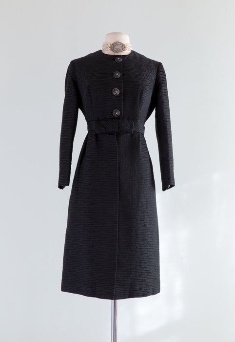 1960's Black Brocade Cocktail Dress & Matching Coat / Waist 28-30