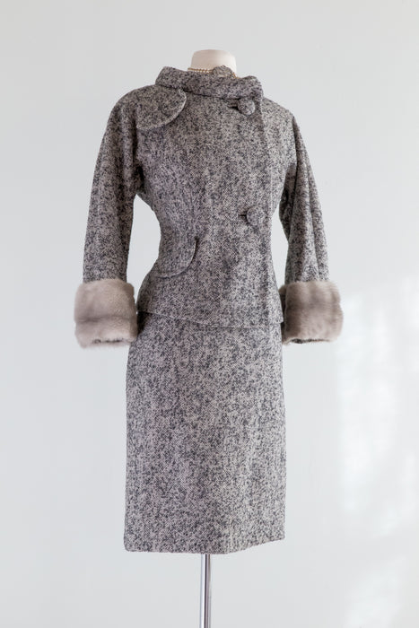 1950's Chic Grey Tweed Wool Two Piece Suit With Silver Mink Cuffs / Small