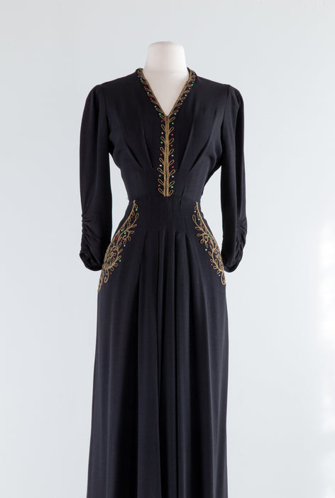 Elegant 1940's Rayon Crepe Evening Gown With Rhinestones and Gold Cording / Waist 28"