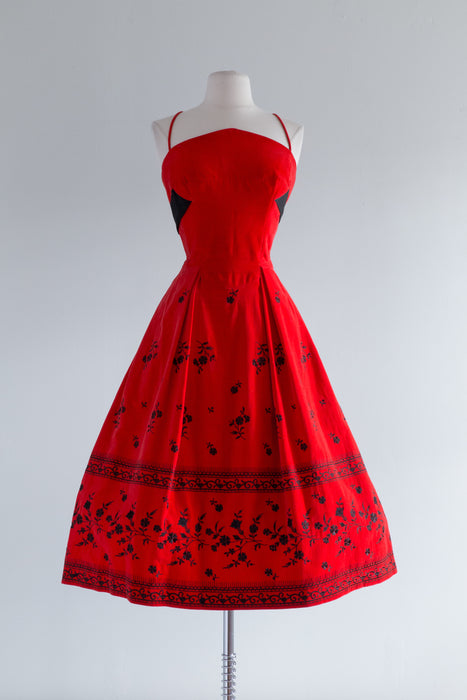 1950's Red Velveteen Party Dress With Black Embroidery By David Hart / Waist 27