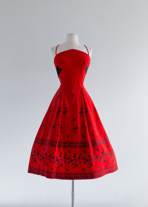 1950's Red Velveteen Party Dress With Black Embroidery By David Hart / Waist 27