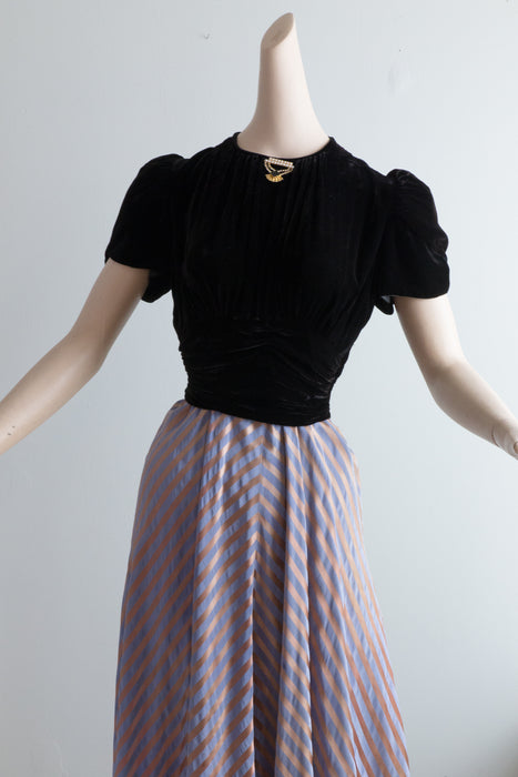 1930's Sugar Plum Satin Striped Evening Gown With Velvet Top / Small