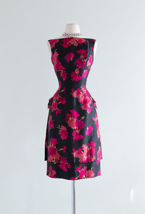 Gorgeous 1950's Silk Floral Print Cocktail Dress By Mardi Gras / Small