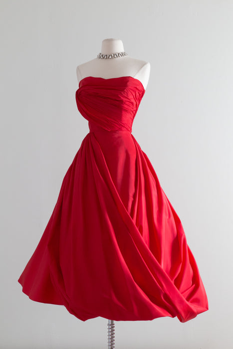 1950's Crimson Red Taffeta Party Dress By Will Steinman / Waist 26
