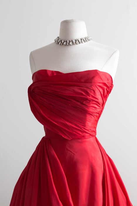 1950's Crimson Red Taffeta Party Dress By Will Steinman / Waist 26