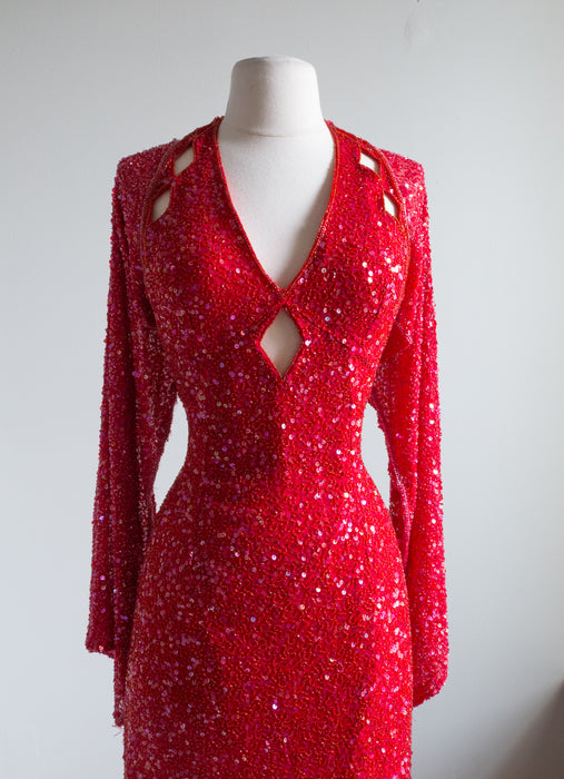 Vintage Drop Dead RED Sequined Glamour Gown With Wings / Large