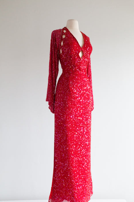 Vintage Drop Dead RED Sequined Glamour Gown With Wings / Large