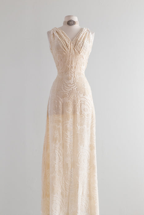 Rare 1930's Ivory Burnout Velvet Wedding Gown / Waist 26 Xtabay Vintage Rare 1930's Ivory Burnout Velvet Wedding Gown / Waist 26 Xtabay Vintage