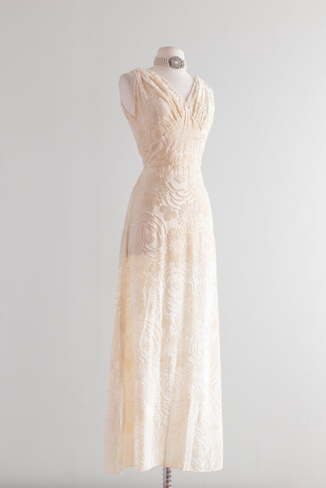 Rare 1930's Ivory Burnout Velvet Wedding Gown / Waist 26