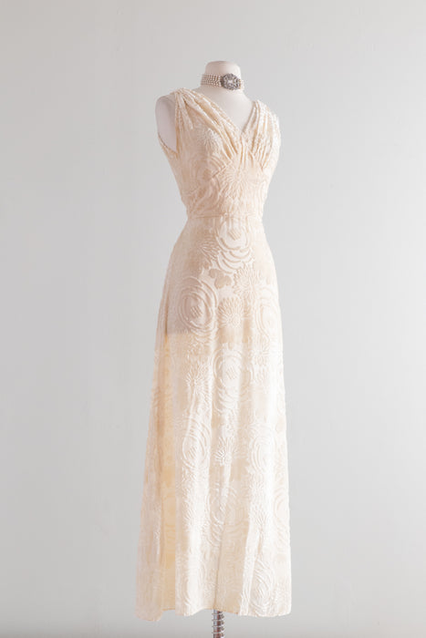 Rare 1930's Ivory Burnout Velvet Wedding Gown / Waist 26 – Xtabay Vintage Rare 1930's Ivory Burnout Velvet Wedding Gown / Waist 26 – Xtabay Vintage