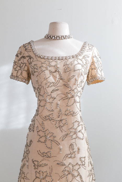 Rare 1960's Two Piece Fully Beaded Silk Dress & Coat Ensemble / Medium