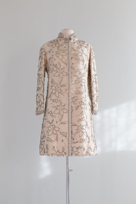 Rare 1960's Two Piece Fully Beaded Silk Dress & Coat Ensemble / Medium
