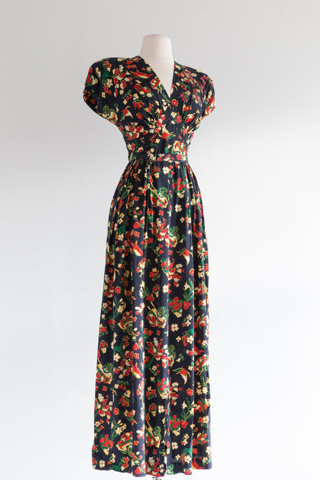 Rare 1940's Novelty Print Rayon Gown With Sequins / Small