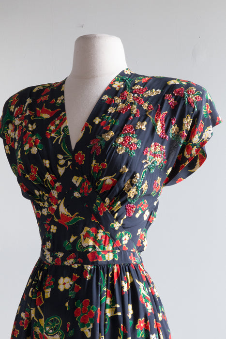 Rare 1940's Novelty Print Rayon Gown With Sequins / Small