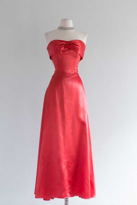 Late 1940's Vermillion Satin Strapless Evening Gown / Waist 26"