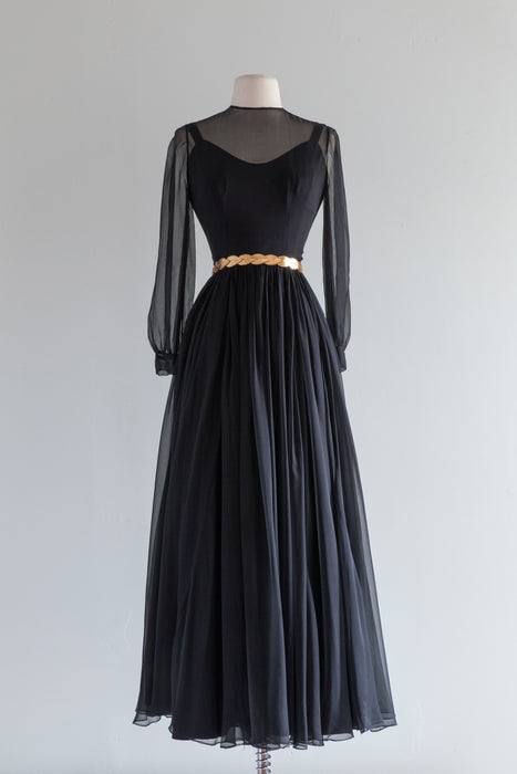 Divine 1950's Black Silk Chiffon Midi Length Cocktail Dress / Waist 26"