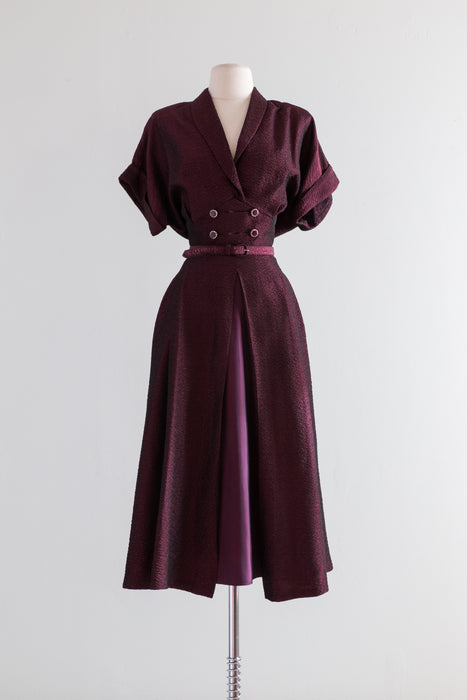 Stunning Early 1950's Crushed Grape Taffeta Cocktail Dress / Large