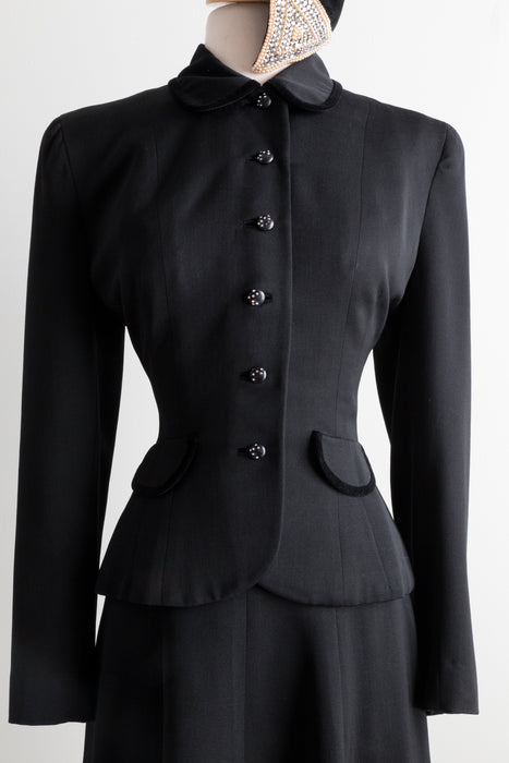 Sublime Late 1940's Black Gabardine Ladies Suit / Waist 26