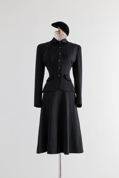 Sublime Late 1940's Black Gabardine Ladies Suit / Waist 26