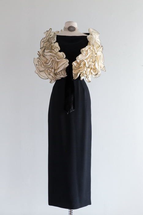 Fabulous 1960's Black Evening Gown With Organza Cloud Cape / Small