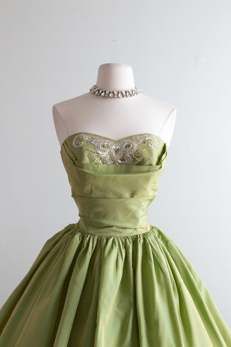 Vintage 1950's Iridescent Green Strapless Party Dress / Waist 24