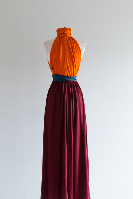 1970's SATSUMA Color Blocked Evening Gown By Pappagallo / Small