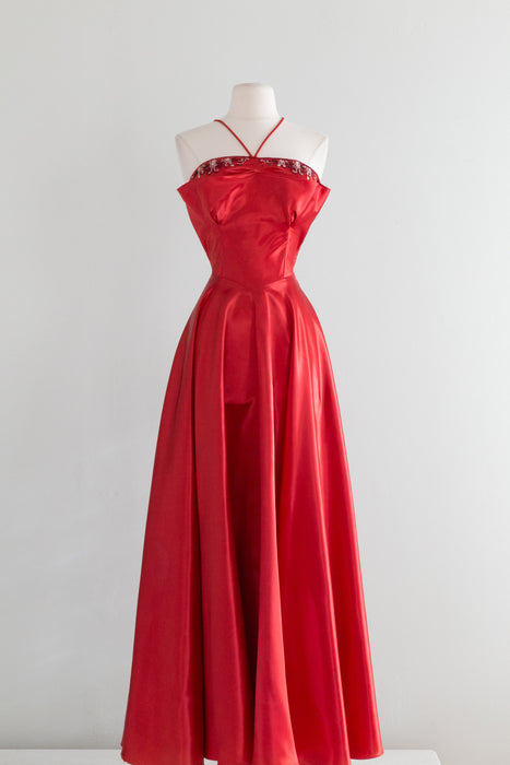 Late 1940's Crimson Satin Evening Gown By Harry Keiser / Waist 26