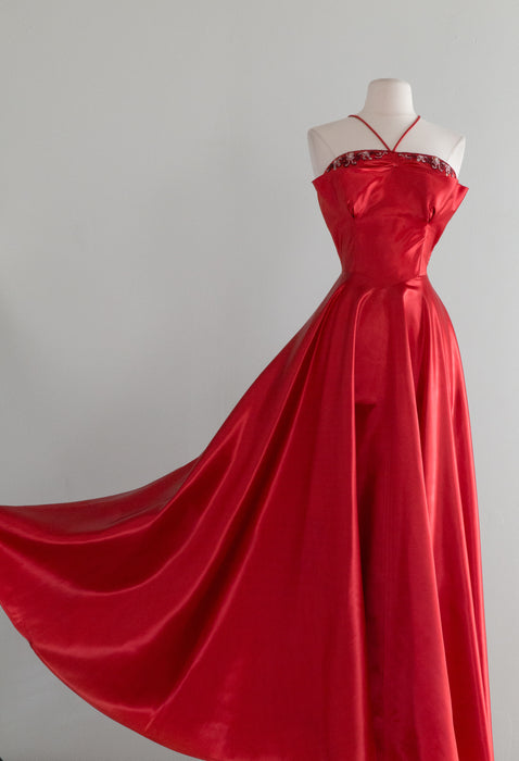 Late 1940's Crimson Satin Evening Gown By Harry Keiser / Waist 26
