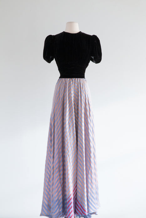 1930's Sugar Plum Satin Striped Evening Gown With Velvet Top / Small