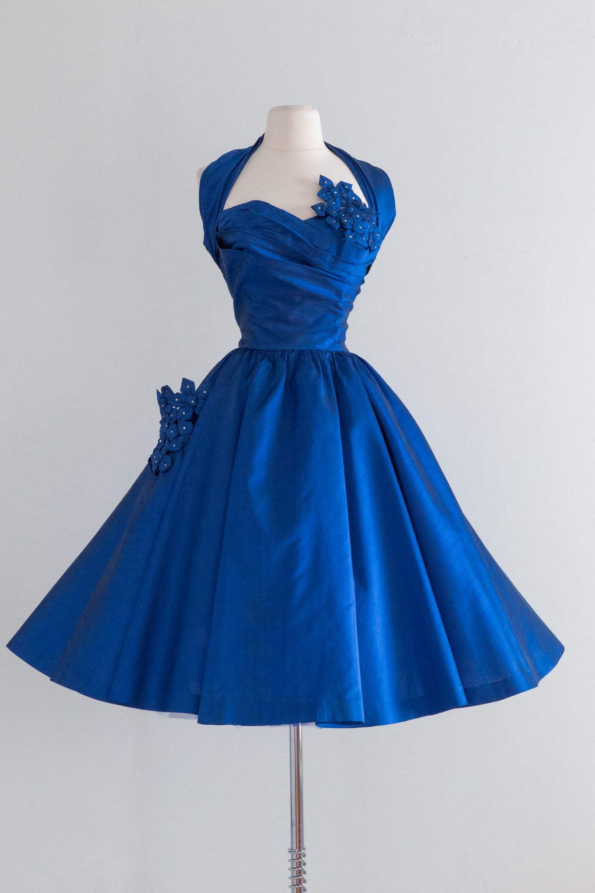 1950's Sapphire Blue Silk Party Dress With Rhinestones / Waist 27 Xtabay Vintage 1950's Sapphire Blue Silk Party Dress With Rhinestones / Waist 27 Xtabay Vintage