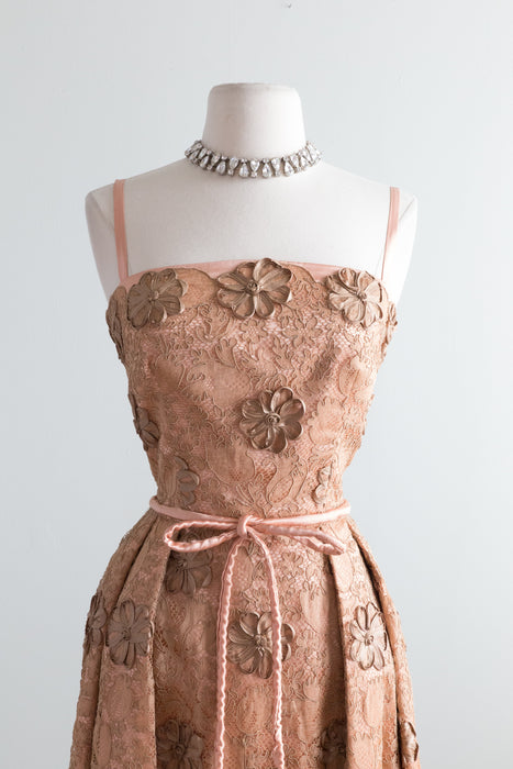 Fabulous 1950's Toffee Satin And Lace Soutache Party Dress / Medium