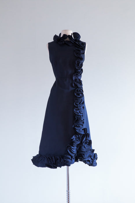 Fabulous 1960's Midnight Blue Ruffled Cocktail Dress / Medium
