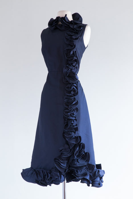 Fabulous 1960's Midnight Blue Ruffled Cocktail Dress / Medium