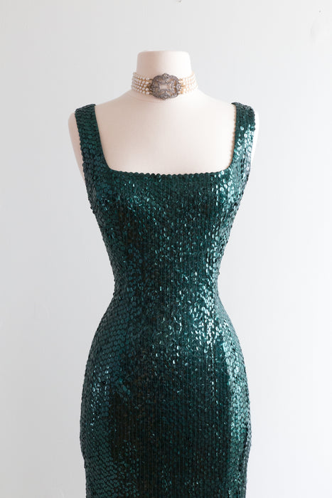 Vintage Emerald Green Sequined Evening Gown With Slit / Medium