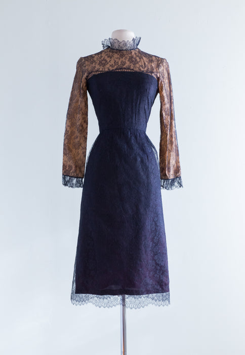 Sexy 1960's Midnight Blue Illusion Lace Cocktail Dress By POSH / Waist 26"