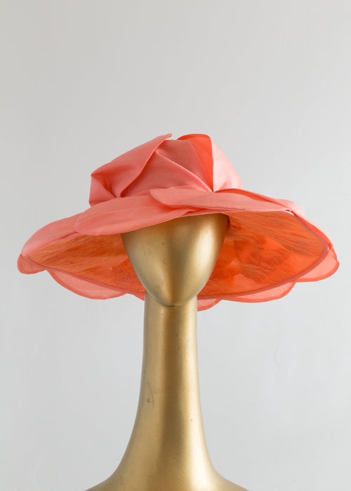 Fabulous 1950's Coral Silk Organza Broad Brim Hat By Sonni